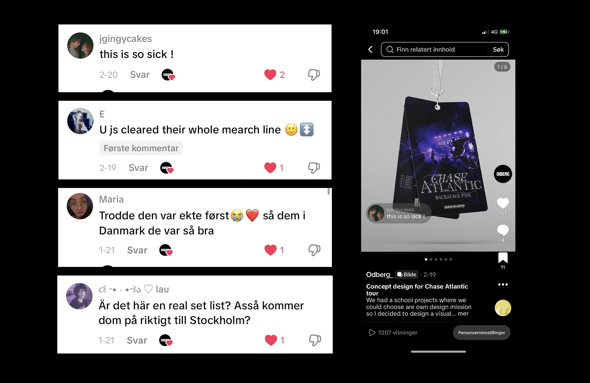 TikTok-kommentarer på Chase Atlantic-prosjektet